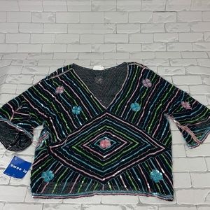 Vintage Swee Lo Vintage Silk and Sequined floral blouse top New Pink blue black